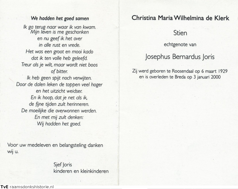 Christina Maria Wilhelmina de Klerk- Josephus Bernardus Joris